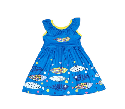 Abstract Fish Ruffle Milk Silk Tank Dress